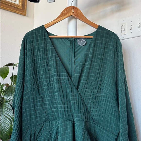 Arula Plus Chiffon Faux Wrap Mini Dress Sz 2X Green Ruffle Balloon Long Sleeve - Picture 2 of 10